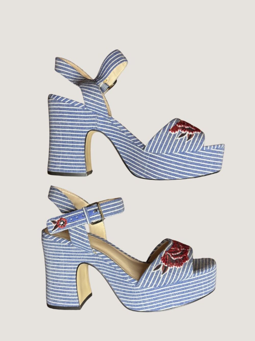 Nine West Fontayah Blue White Pinstripe Platform Heels Embroidered Sandals Size - Picture 3 of 6